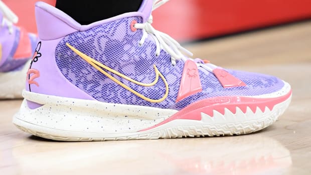 Detailed view of Kyrie Irving's shoes.
